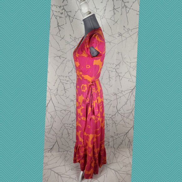 XIX Palms Orange Pink Floral Print Flounce Hem Maxi Wrap Dress - Picture 2 of 4